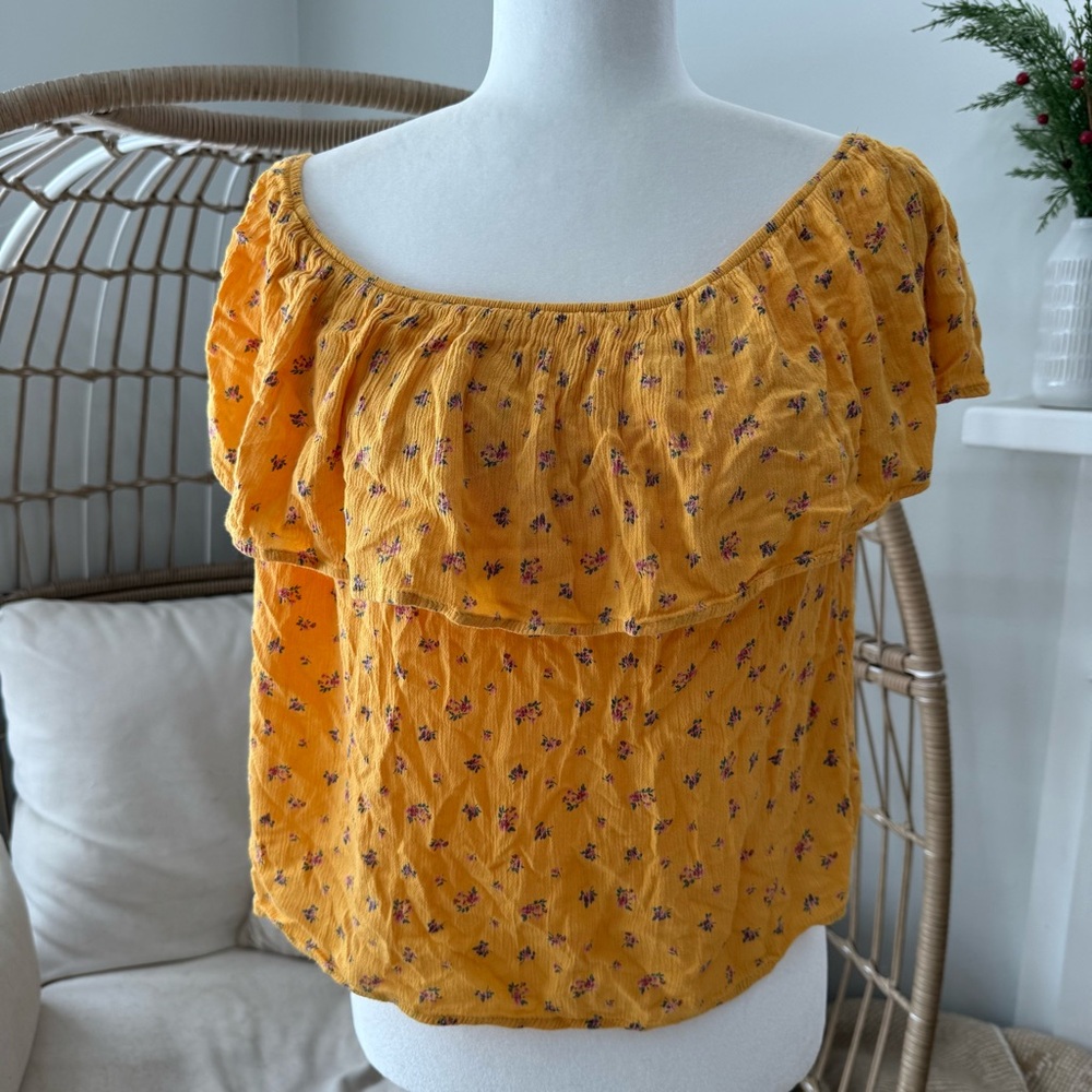 Hollister Mustard Floral Off Shoulder Peasant‎ Top Medium